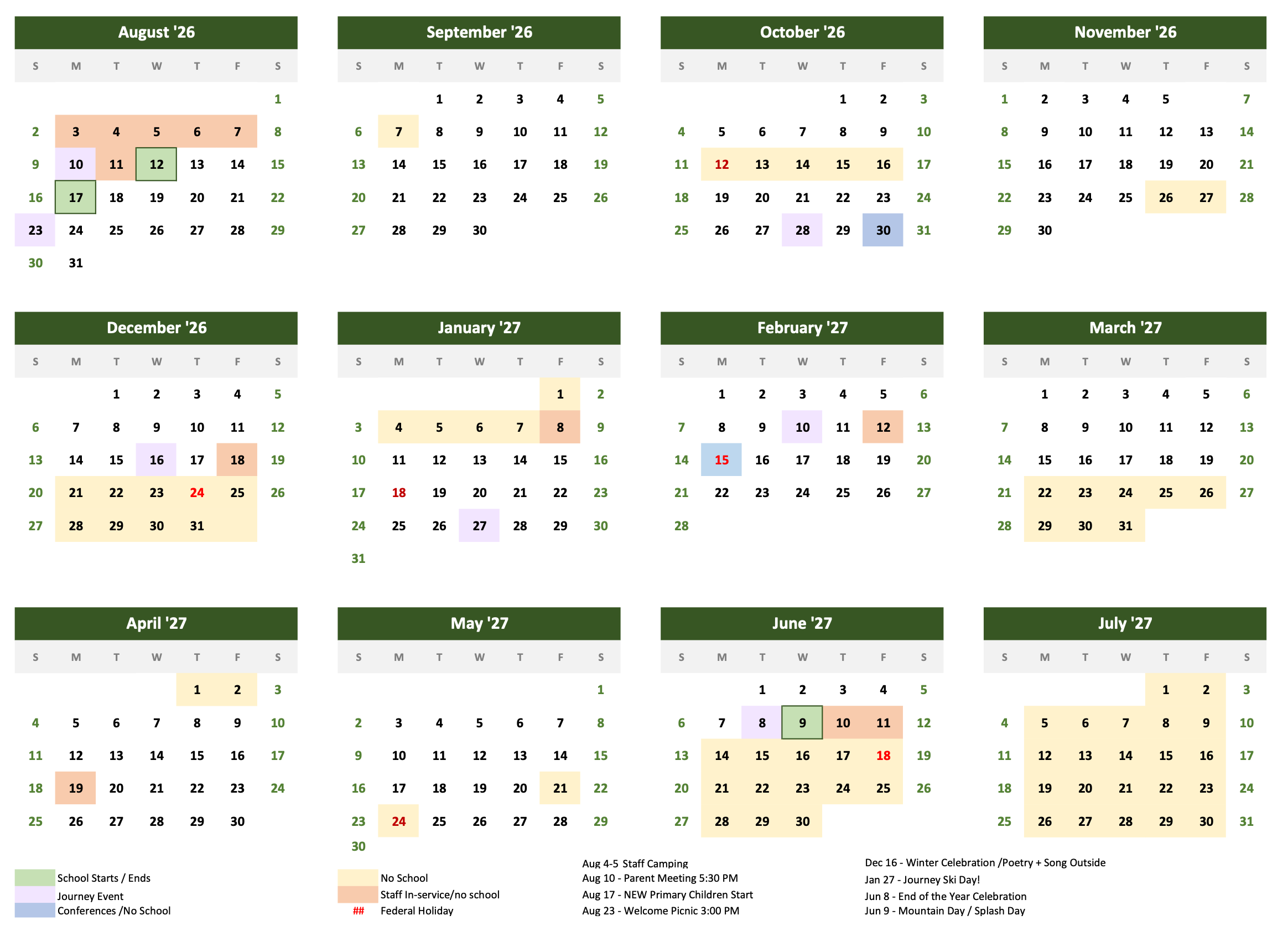 Image of the Journey Montessori School calendar.